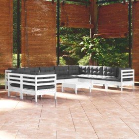 Muebles de jardín 11 pzas y cojines blanco madera maciza pino