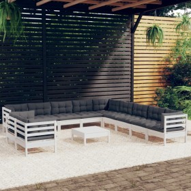 Muebles de jardín 12 pzas con cojines blanco madera maciza pino