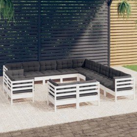 Muebles de jardín 13 pzas y cojines blanco madera maciza pino
