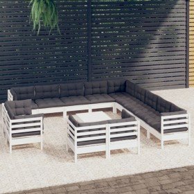 Muebles de jardín 14 pzas con cojines blanco madera maciza pino