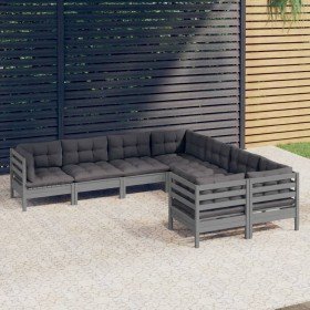 Muebles de jardín 8 pzas y cojines gris madera maciza de pino Muebles de jardín 8 pzas y cojines gris madera maciza de pino