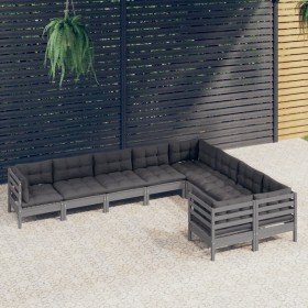 Muebles de jardín 9 pzas y cojines gris madera de pino