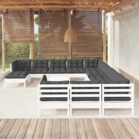 Muebles de jardín 13 pzas con cojines blanco madera de pino