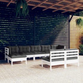 Muebles de jardín 9 pzas con cojines blanco madera de pino