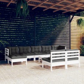 Muebles de jardín 10 pzas con cojines blanco madera de pino