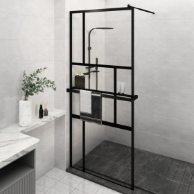 Mampara ducha con estante vidrio ESG y aluminio negro 90x195 cm