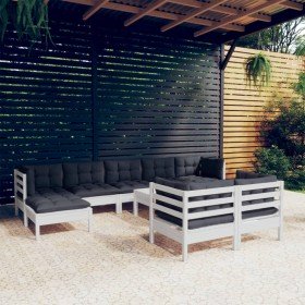Muebles de jardín 10 pzas con cojines blanco madera maciza pino