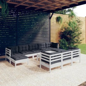 Muebles de jardín 11 pzas cojines blanco madera maciza de pino