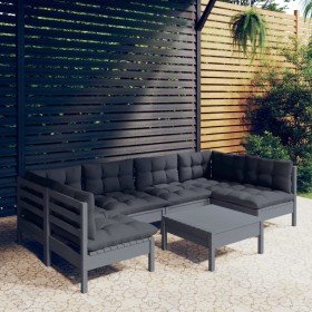 Muebles de jardín 7 pzas y cojines gris madera maciza de pino
