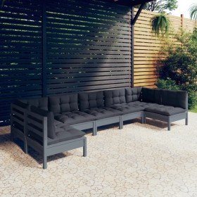 Muebles de jardín 7 pzas y cojines gris madera maciza de pino