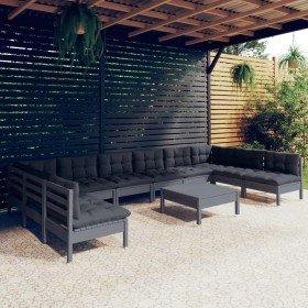 Muebles de jardín 11 pzas y cojines gris madera maciza de pino