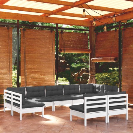 Muebles de jardín 9 pzas y cojines blanco madera maciza de pino