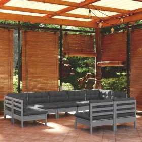 Muebles de jardín 9 pzas y cojines gris madera maciza de pino Muebles de jardín 9 pzas y cojines gris madera maciza de pino