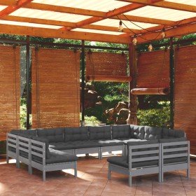 Muebles de jardín 11 pzas y cojines gris madera maciza de pino