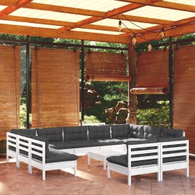 Muebles de jardín 12 pzas y cojines blanco madera maciza pino