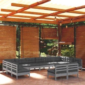 Muebles de jardín 12 pzas y cojines madera maciza de pino gris