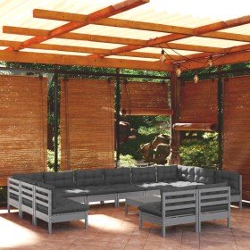 Muebles de jardín 13 pzas y cojines gris madera maciza de pino Muebles de jardín 13 pzas y cojines gris madera maciza de pino