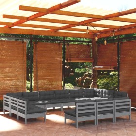Muebles de jardín 13 pzas y cojines gris madera maciza de pino