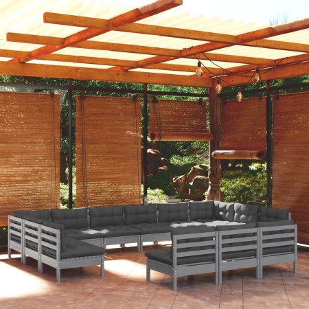 Muebles de jardín 13 pzas y cojines gris madera maciza de pino