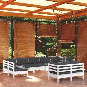 Muebles de jardín 9 pzas y cojines blanco madera maciza de pino