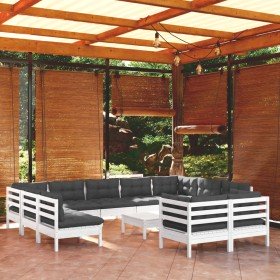 Muebles de jardín 12 pzas con cojines blanco madera maciza pino
