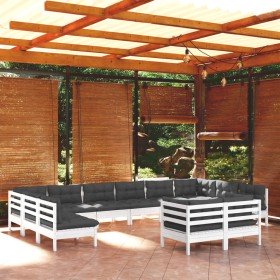 Muebles de jardín 12 pzas y cojines blanco madera maciza pino