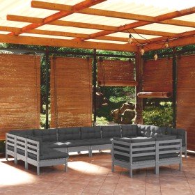 Muebles de jardín 12 pzas y cojines gris madera maciza de pino