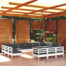 Muebles de jardín 13 pzas con cojines blanco madera de pino