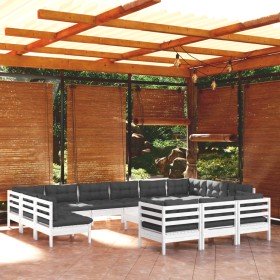 Muebles de jardín 14 pzas con cojines blanco madera de pino