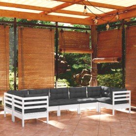 Muebles de jardín 7 pzas con cojines blanco madera de pino
