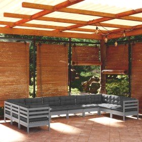 Muebles de jardín 10 pzas y cojines madera de pino gris