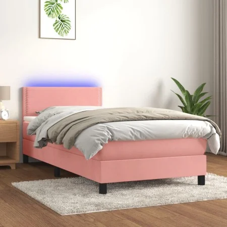 Box spring bed with mattress and LED pink velvet 90x190 cm by , Beds and slatted bases - Ref: Foro24-3134320, Price: 323,19 €...