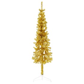 Medio árbol de Navidad artificial con soporte dorado 150 cm
