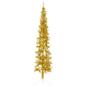 Medio árbol de Navidad artificial con soporte dorado 210 cm