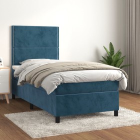 Cama box spring con colchón terciopelo azul oscuro 90x190 cm