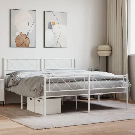 Metal bed frame with headboard and white footboard 140x190 cm by , Beds and slatted bases - Ref: Foro24-372344, Price: 100,35...