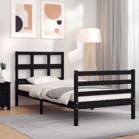 Estructura de cama con cabecero madera maciza negro
