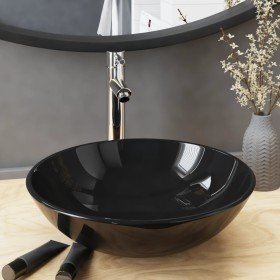 Lavabo de baño grifo y desagüe de empuje vidrio templado negro