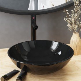 Lavabo de baño grifo y desagüe de empuje vidrio templado negro