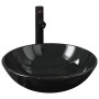 Lavabo de baño grifo y desagüe de empuje vidrio templado negro
