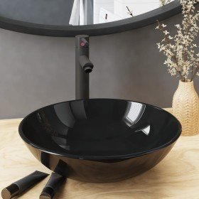 Lavabo de baño grifo y desagüe de empuje vidrio templado negro