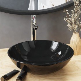 Lavabo de baño grifo y desagüe de empuje vidrio templado negro