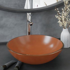 Lavabo de baño grifo y desagüe de empuje vidrio templado marrón