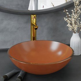 Lavabo de baño grifo y desagüe de empuje vidrio templado marrón