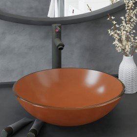 Lavabo de baño grifo y desagüe de empuje vidrio templado marrón