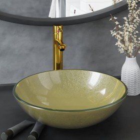Lavabo de baño grifo&desagüe de empuje vidrio templado dorado
