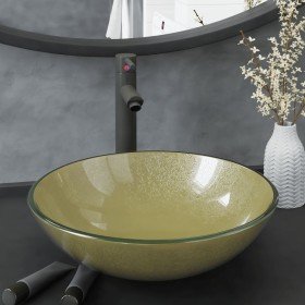 Lavabo de baño grifo&desagüe de empuje vidrio templado dorado