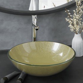 Lavabo de baño grifo&desagüe de empuje vidrio templado dorado