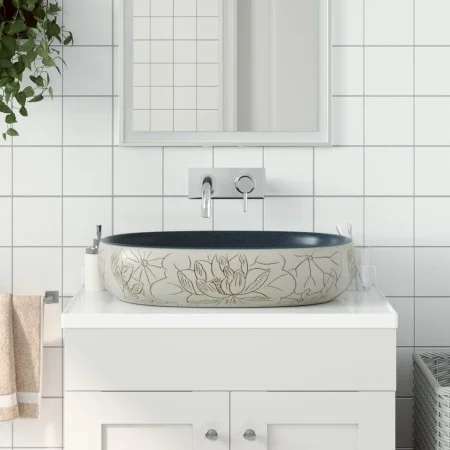 Ovale Aufsatzwaschbecken aus sandfarbener und blauer Keramik, 59x40x14 cm. von , Sinkt - Ref: Foro24-155099, Preis: 154,78 €,...