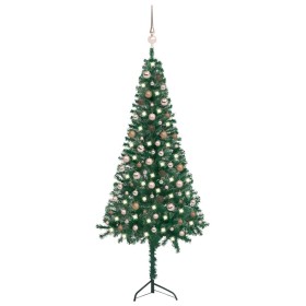 Árbol de Navidad artificial de esquina LED y bolas verde 210 cm